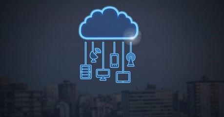 Poster - cloud icon and hanging connection devices with dark city