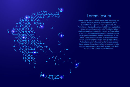 Map Greece from printed board, chip and radio component with blue star space on the contour for banner, poster, greeting card, of vector illustration.