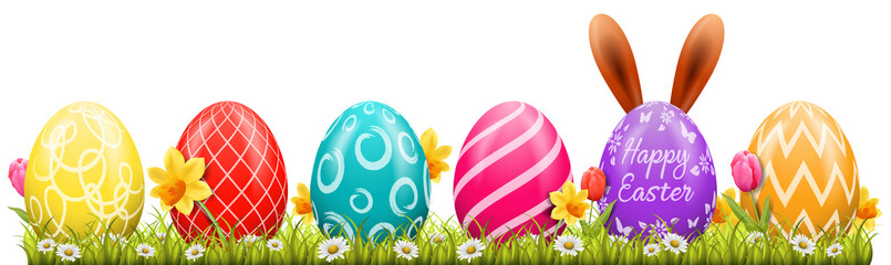 Wall Mural - happy easter background with easter eggs and easter bunny