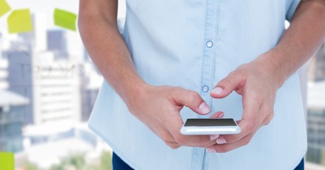 Poster - Hand holding phone by window of office