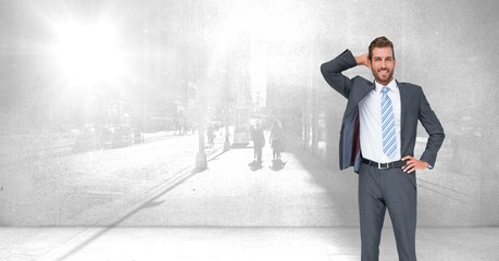Poster - Businessman standing with city wall