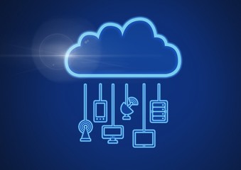 Poster - cloud icon and connecting devices and signals with blue