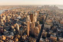 Aerial View At Sunset Of Manhattan Below 30th Street (along 5th Avenue) Including Midtown, Flatiron District, Chelsea, East Village, Lower Manhattan And The Financial District