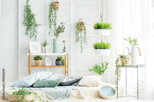 Fotografia, Obraz Light room with a bed and a large window