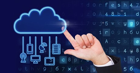 Poster - Hand with cloud icon and hanging connection devices and code in