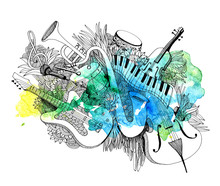 Composition Of Musical Instruments With A Splash Of Colors