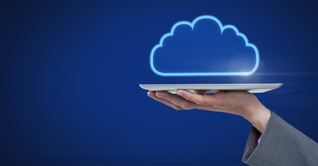 Poster - Hand holding tablet with cloud icon on blue background