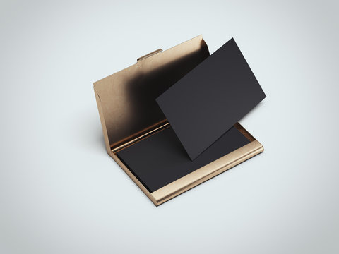 Black business cards with golden holder. 3d rendering