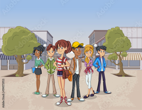 Street of a city with cartoon young people. Teenagers students.