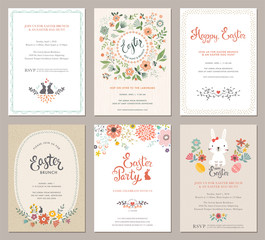 Wall Mural - Vector Easter Party Invitations and Greeting Cards with eggs, flowers, floral wreath, rabbit and typographic design on the textured background. 