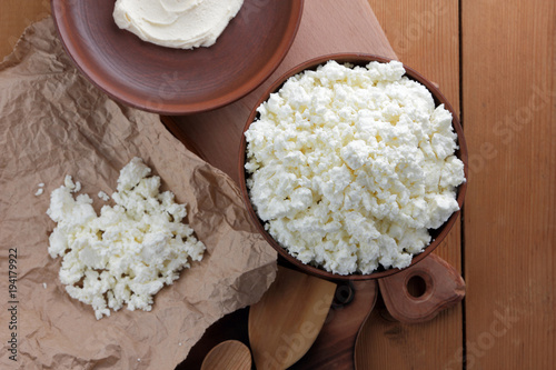 Cheese Cottage Cheese And Cream In Clay Pots Fresh Cottage