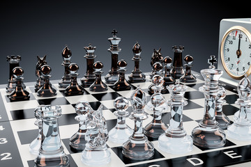Poster - Checkerboard with glass chess figures and chess clock, 3D rendering