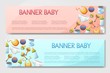 Set of 2 vector brouchure. flyer,banner with baby care items isolated on background.Toddler accesories isolated on white background.Vector illustration