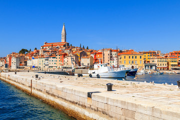 Beautiful and cozy medieval town of Rovinj, colorful with houses and church the harbor