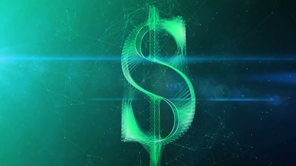 Poster - A superb 3d rendering of a shining dollar sign turning slowly aside in a gracious way. It whirls in the center of a dark blue and light green cyberspace with internet connections.