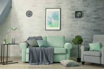 Sticker - Living room interior with comfortable mint couch