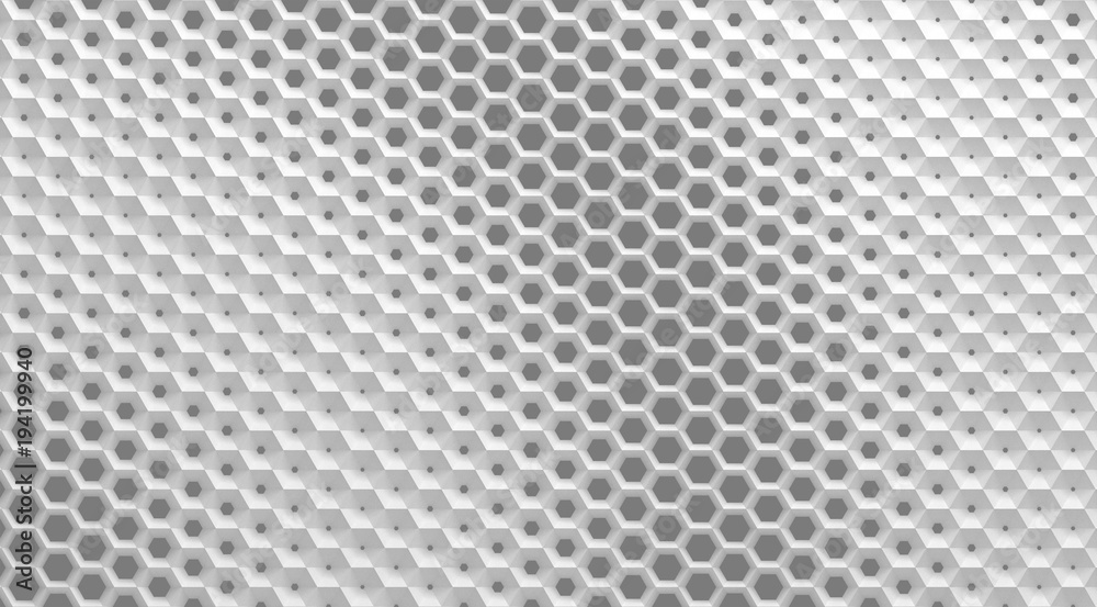 The white grid of cells in the form of hexagonal honeycombs with different diameter, which go from larger to smaller and in reverse. 3d illustration - obrazy, fototapety, plakaty 