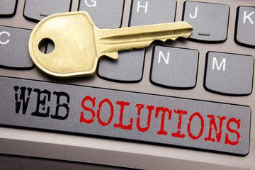 Fototapete - Hand writing text caption inspiration showing Web Solutions. Business concept for Internet Design Plan written on keyboard key on the with key next to the text.