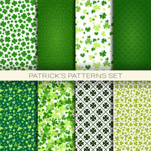 Big Set Of Patterns For Saint Patricks Day Irish Seamless Backgrounds With Clover Leaves Vector Illustration