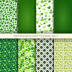 Big Set Of Patterns For Saint Patricks Day Irish Seamless Backgrounds With Clover Leaves Vector Illustration