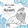 Black and white hipster postcard with cartoon bearded walrus with maori tattoos in blue. Vector illustration