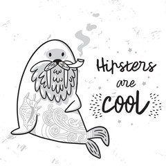 Wall Mural - Black and white hipster postcard with cartoon bearded walrus with tattoos. Vector illustration