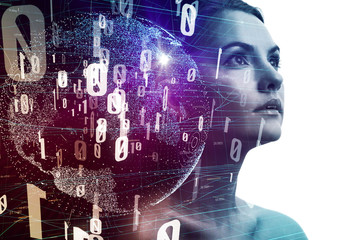 Aufkleber - AI (Artificial Intelligence) concept. Young woman silhouette and digital network.