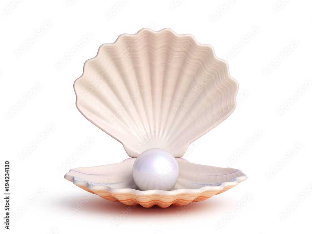 Pearl inside seashell isolated on white background 3d rendering - obrazy, fototapety, plakaty 