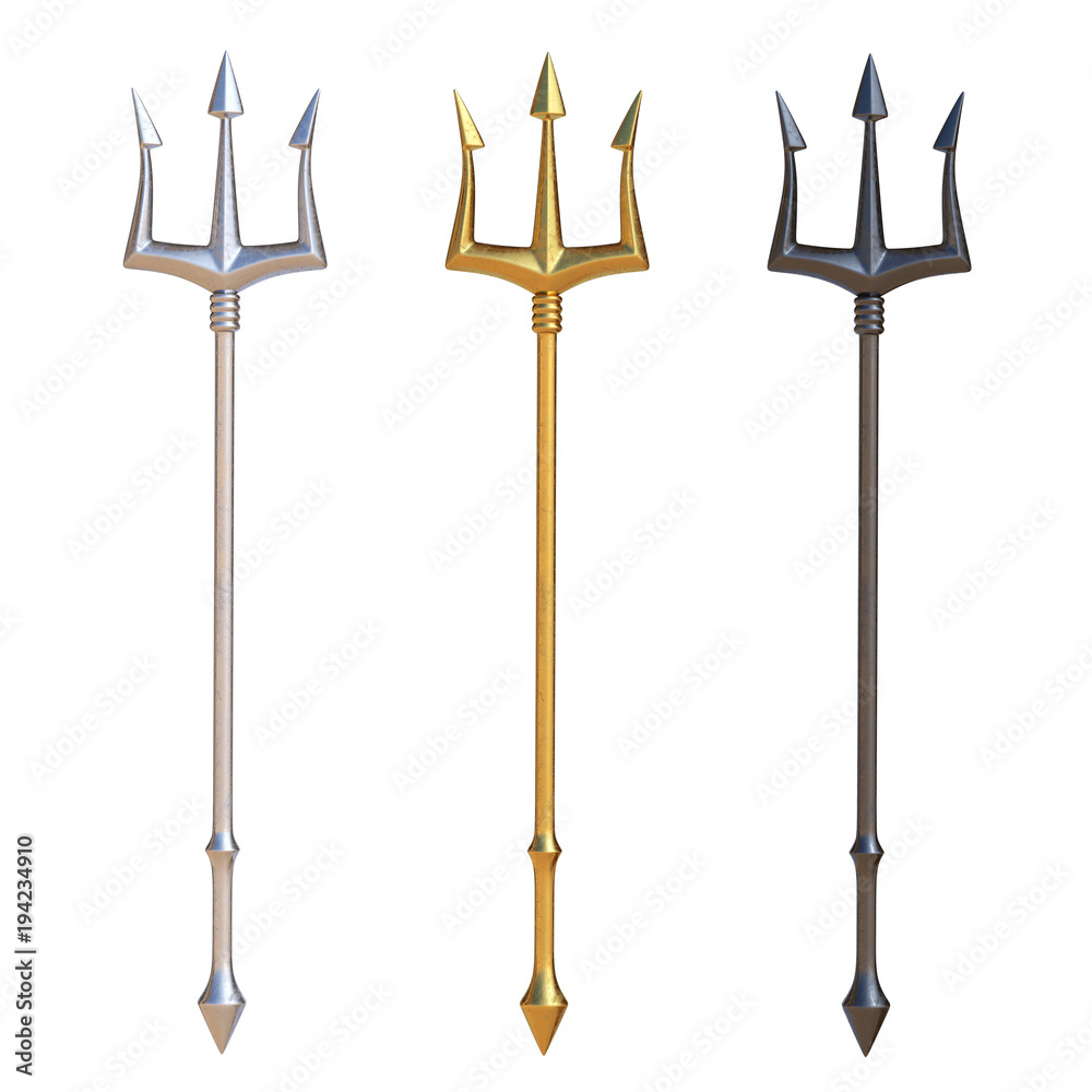 Tridents, silver, golden and black metal, isolated on white background, 3d rendering - obrazy, fototapety, plakaty 