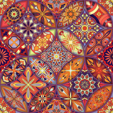 Seamless Pattern With Decorative Mandalas. Vintage Mandala Elements. Colorful Patchwork.