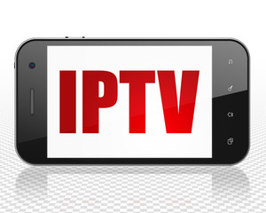 Web design concept: Smartphone with red text IPTV on display, 3D rendering