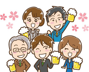 Wall Mural - 桜と生ビールを持つ会社員のイラスト素材