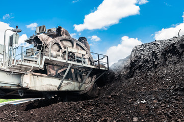 Wall Mural - Coal stacker and Coal Reclaimer are mining machinery, or mining equipment in the mining industry that large or huge machine used in bulk material handling in stockpile as the Coal Production