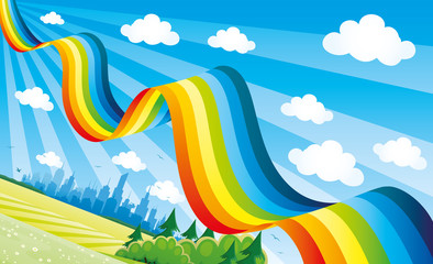 Wall Mural - Bright rainbow in the blue sky over the city.