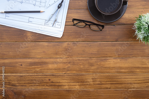 Flat Lay Of Top View Desk Work Table Architect With Drawing Home