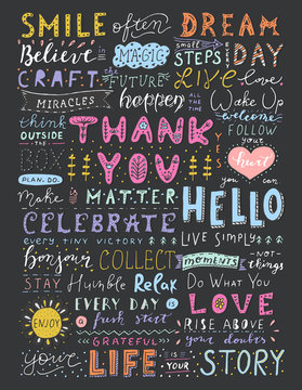 Unique calligraphy collection about life, love and dream. Funny letterings on blackboard background. Vector illustration.