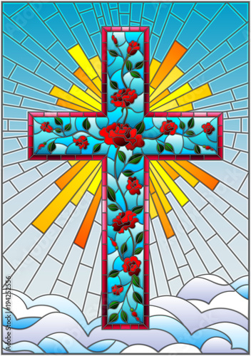 ilustracja-w-stylu-witrazu-z-chrzescijanskiego-krzyza-zdobia-rozowe-roze