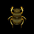 Graphic print of stylized gold scarab on black background. Linear drawing.