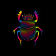 Graphic print of stylized scarab in spectrum colors on black background. Linear drawing.