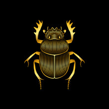 Graphic Print Of Stylized Gold Scarab On Black Background. Linear Drawing.