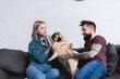 © LIGHTFIELD STUDIOS - tattooed couple playing with pug dog at home