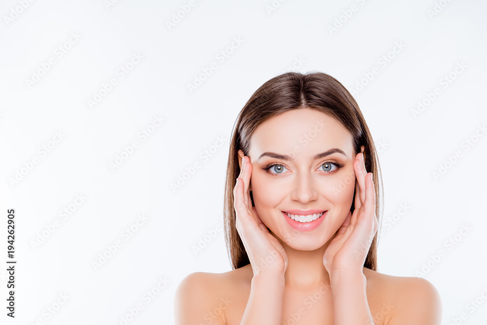 Freshness purity youth model concept. Close up photo of beautiful with sensual flawless smooth soft no wrinkles skin woman touching temples cheeks with palms isolated on white background copy-space - obrazy, fototapety, plakaty 