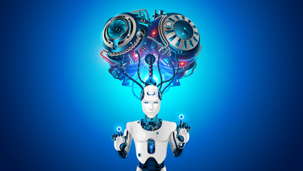 Poster - Robot with big artificial brain thinking on task. Super computer handle data and business analytics. Artificial intelligence machine learning. Robot head connection with super brain. future ai.
