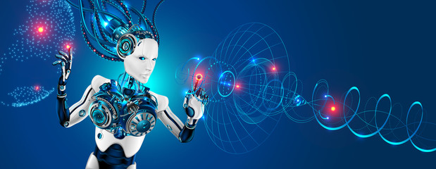Leinwandbilder - Robot with artificial intelligence control global communications. Robot use virtual hud interface. Technology satellite communication network and internet. Vector abstract future industrial background