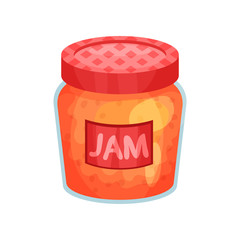 Poster - Transparent glass jar with apple jam. Bank with red lid and label. Delicious fruit marmalade. Concept of organic farm product. Cartoon flat vector icon