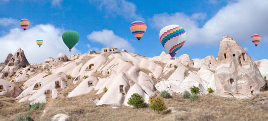 Wall Mural - Panoramic view of colorful hot air balloons flying over Pigeon valley in Cappadocia, Anatolia, Turkey