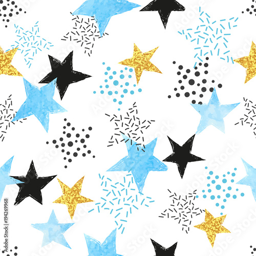 Seamless Stars pattern. Vector background with watercolor blue and glittering...