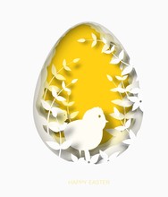 3d Abstract Paper Cut Illustration Of Colorful Paper Art Easter Chicken, Grass, Flowers And Yellow Egg Shape.