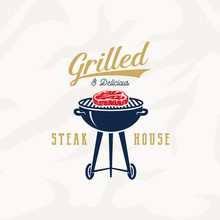 Grill Steak House Vintage Vector Label, Card, Emblem Or Logo Template. Retro Typography And Meat Texture. Gold, Blue And Red Colors. Steak And Barbecue Grill Silhouettes.