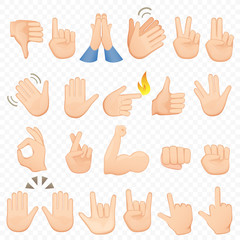 Wall Mural - Set of cartoon hands icons and symbols. Emoji hand icons. Different hands, gestures, signals and signs, vector illustration collection.